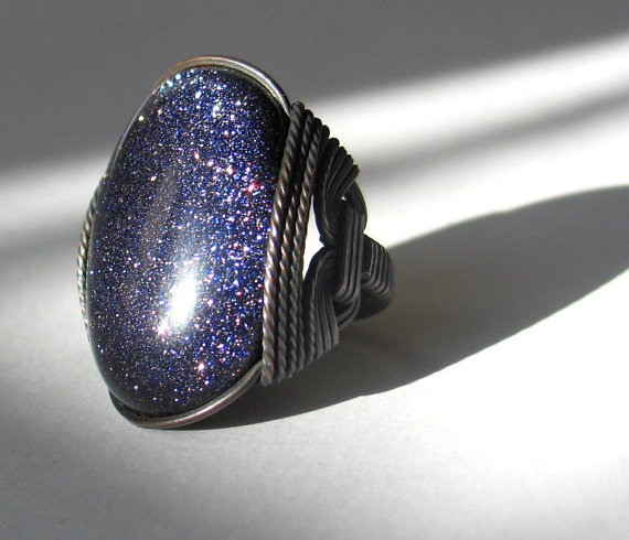 Blue Goldstone Ring, Sky of Stars , Warm Oxidized Copper, 