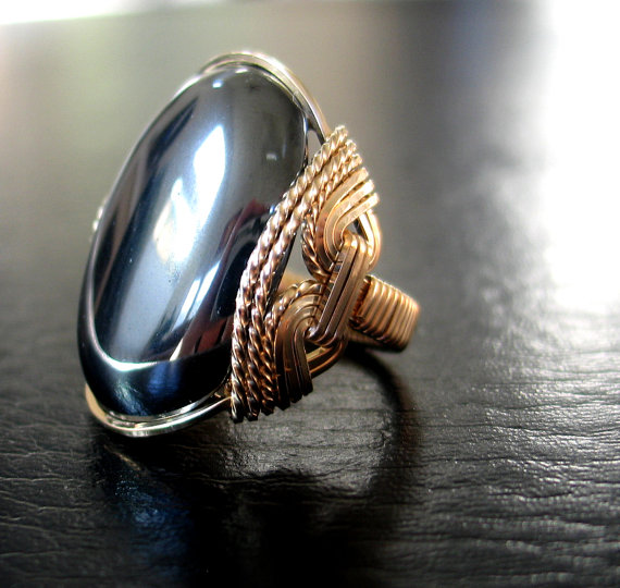 Hematite Gold Ring, Shiny Silver Stone In Yellow Gold Fill Setting