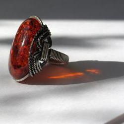 Madeira Amberlite Ring, Amber Red, Oxidized Silver, Dark Orange Red