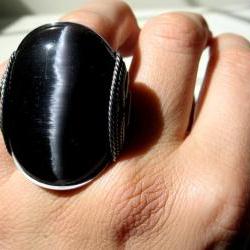 Cats Eye Ring, Black & Silver, Oxidized Silver, Mens Ring, Womens Ring, Unisex, HUGE Ring