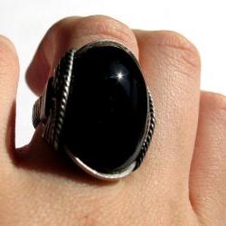 Black Onyx Ring, Chunky Gemstone, Oxidized Sterling Silver