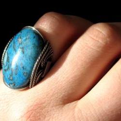 Stone Ring, Teal Blue Crazy Lace Agate, Sea Blue, Chunky Large Ring