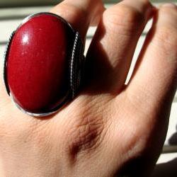 Giant Ring, Cherry Red, Oxidized Silver, Huge Chunky Ring
