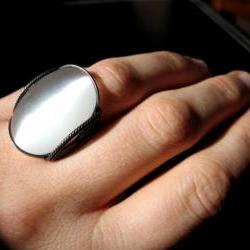 Glowing White Ring, Cat's Eye, Oxidized Copper, Handmade