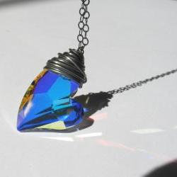 Swarovski Necklace, Aurora Borealis Crystal, Sterling Silver, Heart Jewelry 