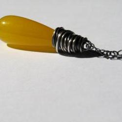 Sunshine Yellow Necklace, Oxidized Silver, Tear Drop Necklace  