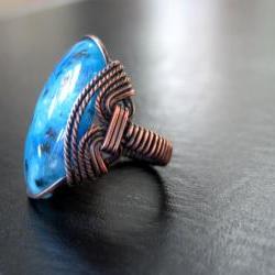 Peacock Teal Blue Ring, Jasper Stone, Oxidized Copper, Wire Wrapped  